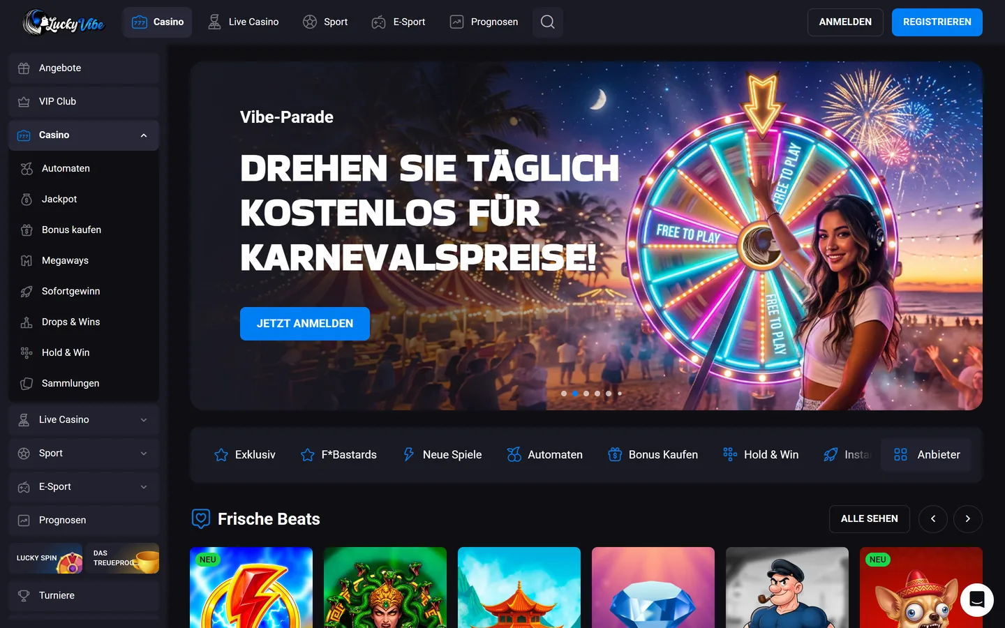 Lucky Vibe Startseite mit Casino-, Live-Casino-, Sport- und Prognosemarkt-Navigation