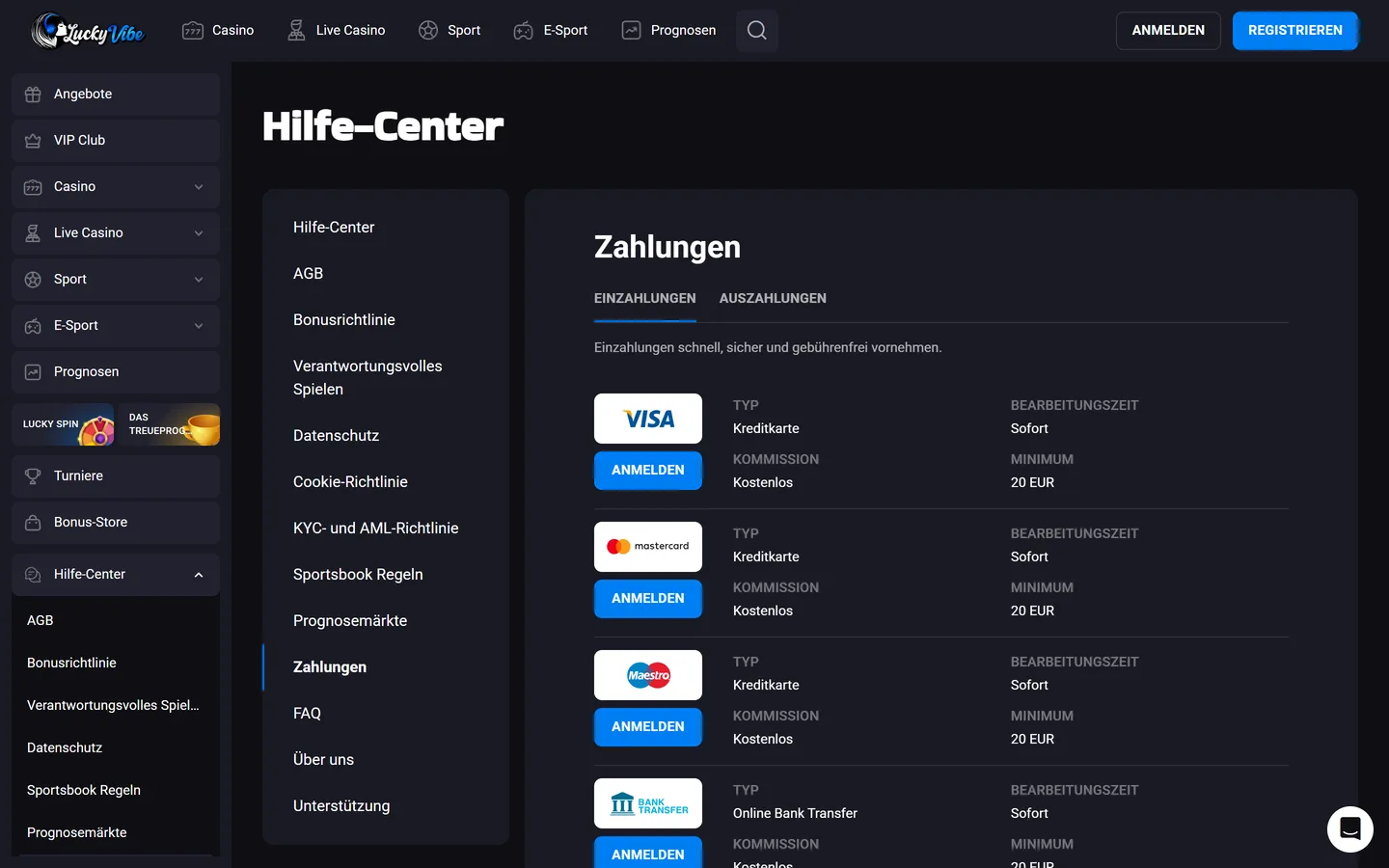 Lucky Vibe Zahlungsseite mit Karten, E-Wallets und Kryptowährungen