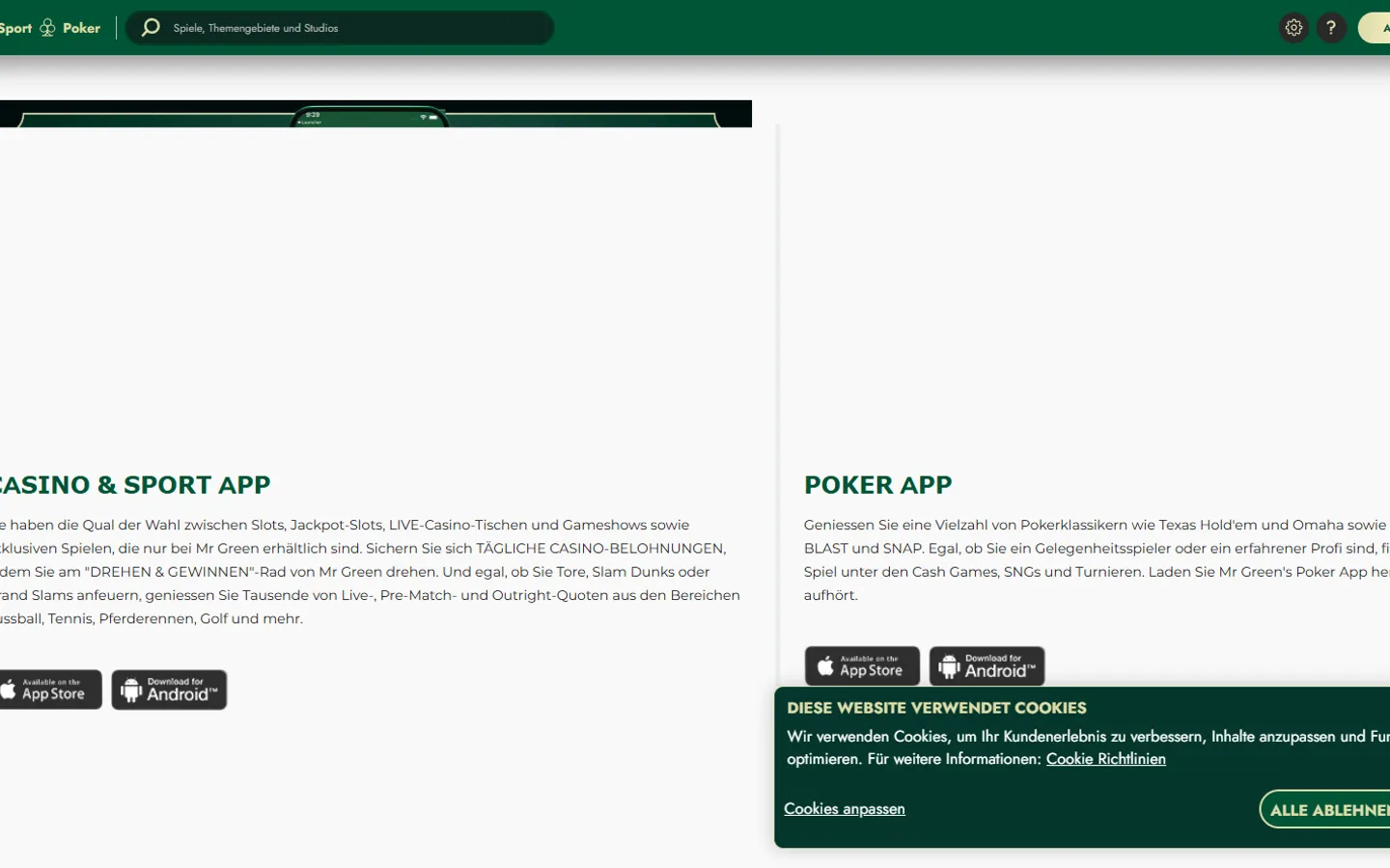 Mr Green App-Seite mit Casino-, Sport- und Poker-Angebot