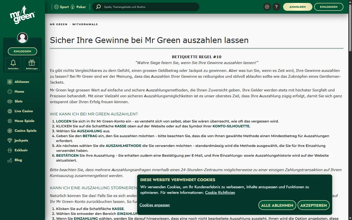 Mr Green Auszahlungsseite mit Bearbeitungszeiten, Mindestbetrag und Verifizierungshinweisen