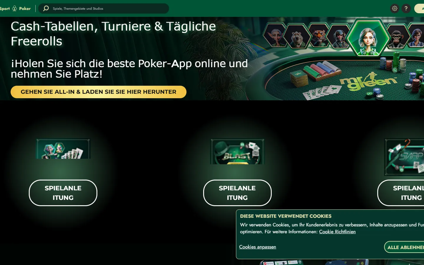 Mr Green Pokerseite mit Cash-Tischen, Turnieren und Freerolls