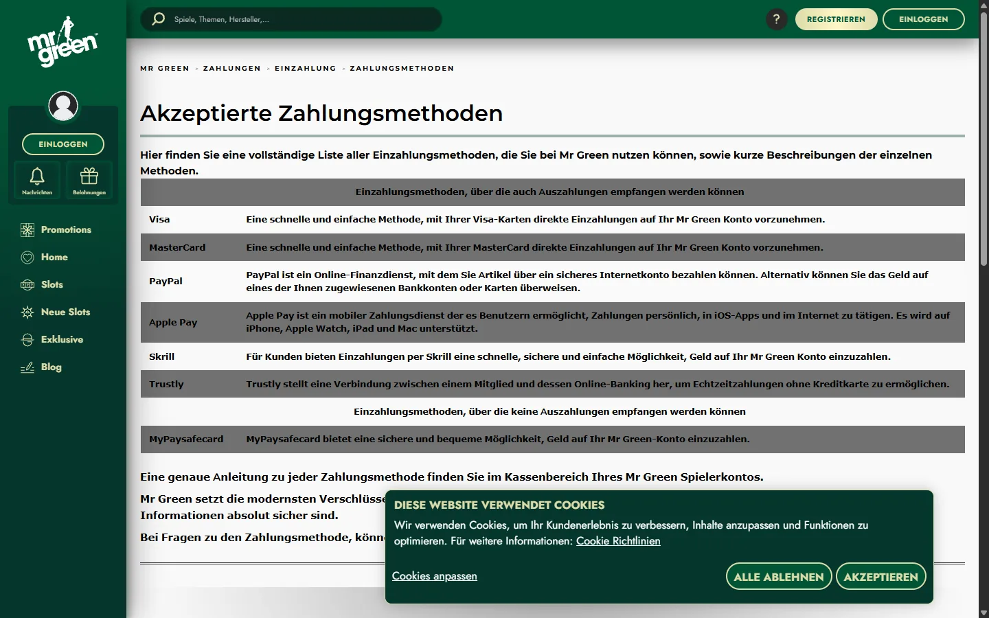 Mr Green Zahlungsseite mit Visa, Mastercard, PayPal, Apple Pay und weiteren Methoden