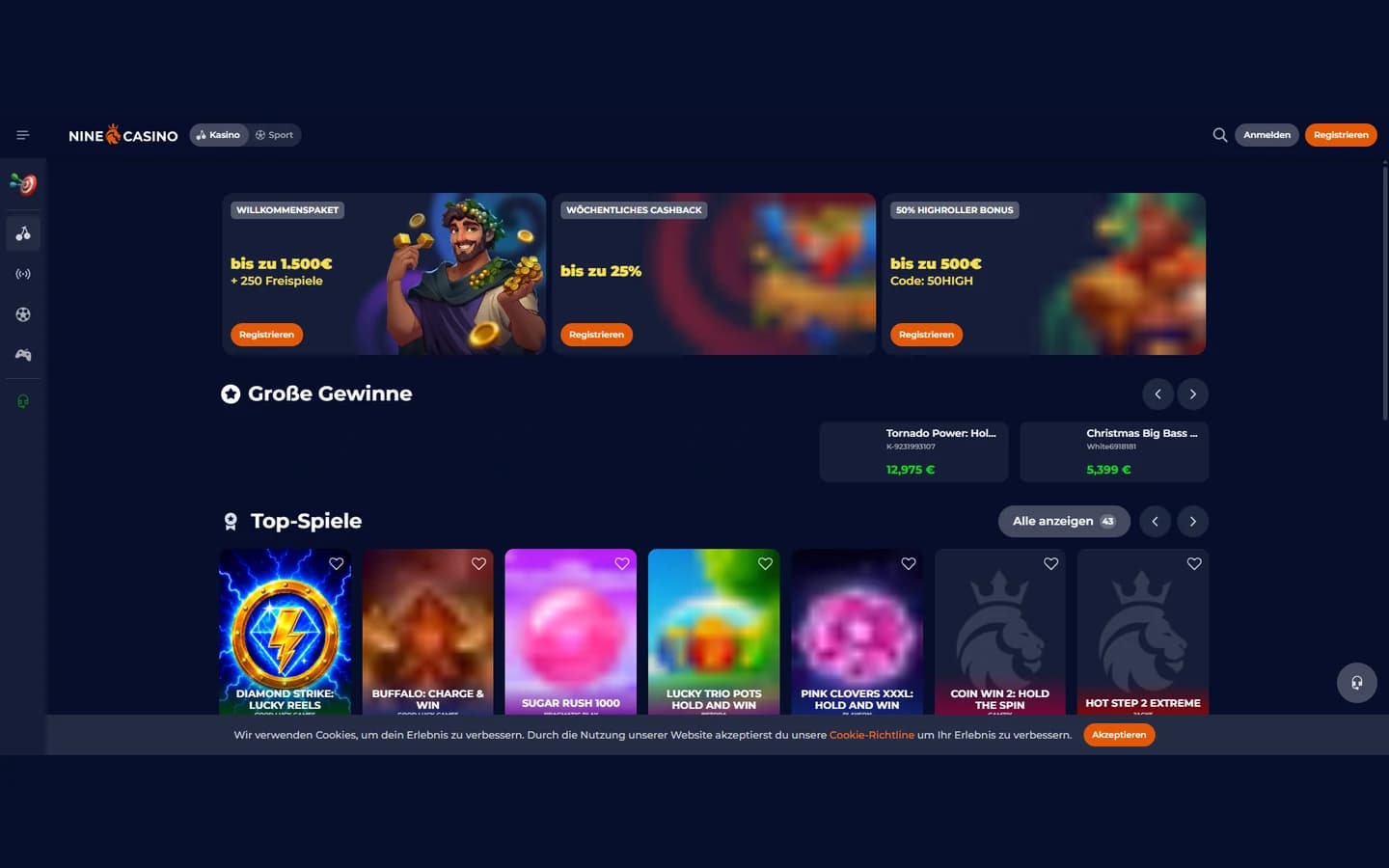 NineCasino Casino-Lobby mit Top-Spielen und großen Gewinnen