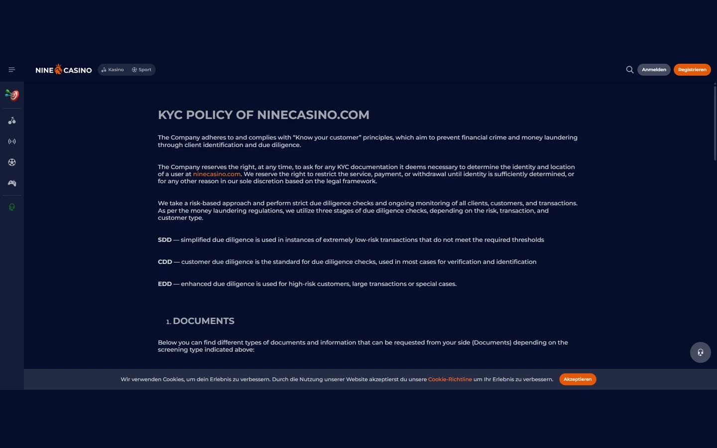 NineCasino KYC-Seite mit Dokumenten- und Prüfhinweisen