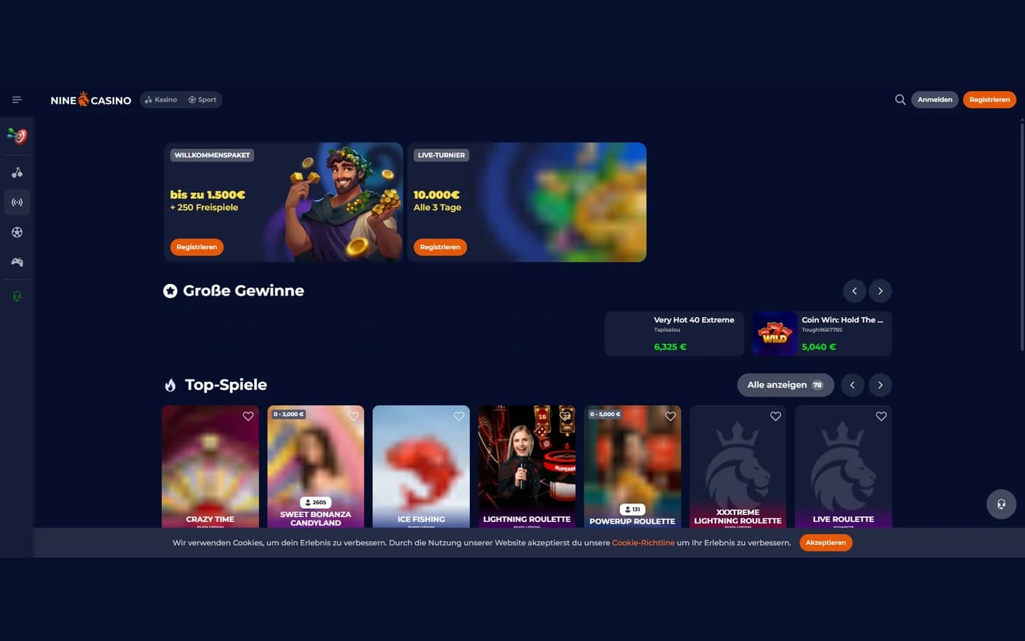 NineCasino Live-Casino mit sichtbaren Spielen und Turnierhinweis