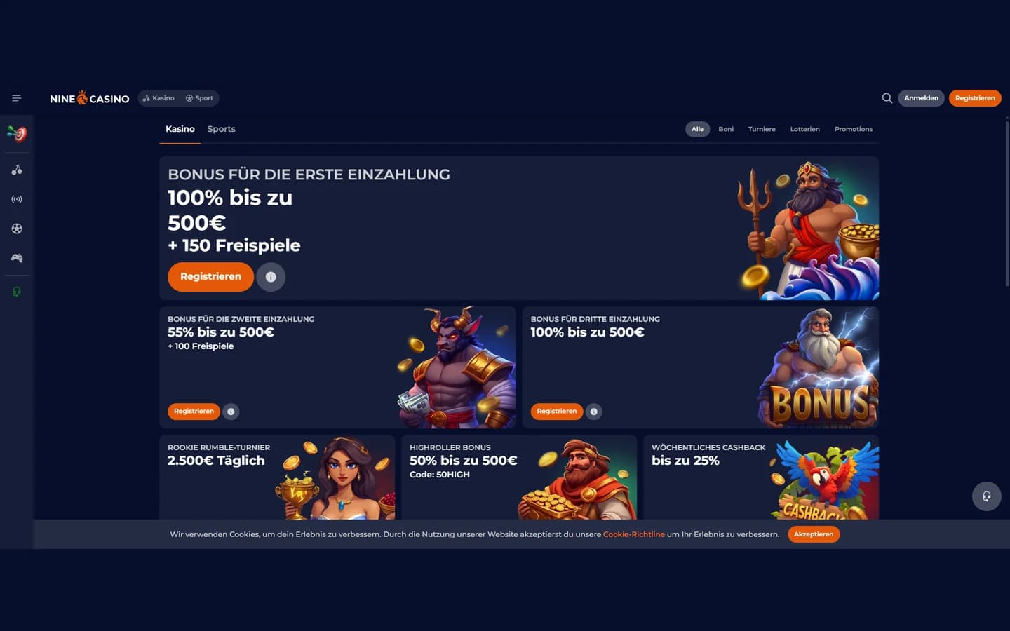NineCasino Promotions mit Einzahlungsboni, Turnieren und Cashback