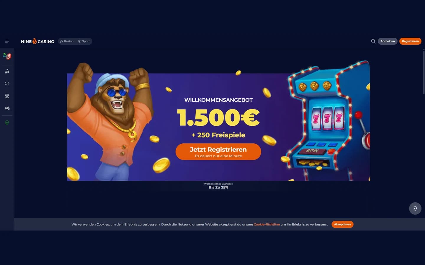 Gerenderte NineCasino-Startseite mit Willkommensangebot und Spielauswahl