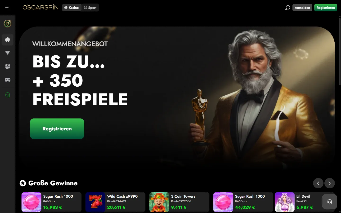 OscarSpin Casino-Lobby mit Willkommensangebot und großen Gewinnen