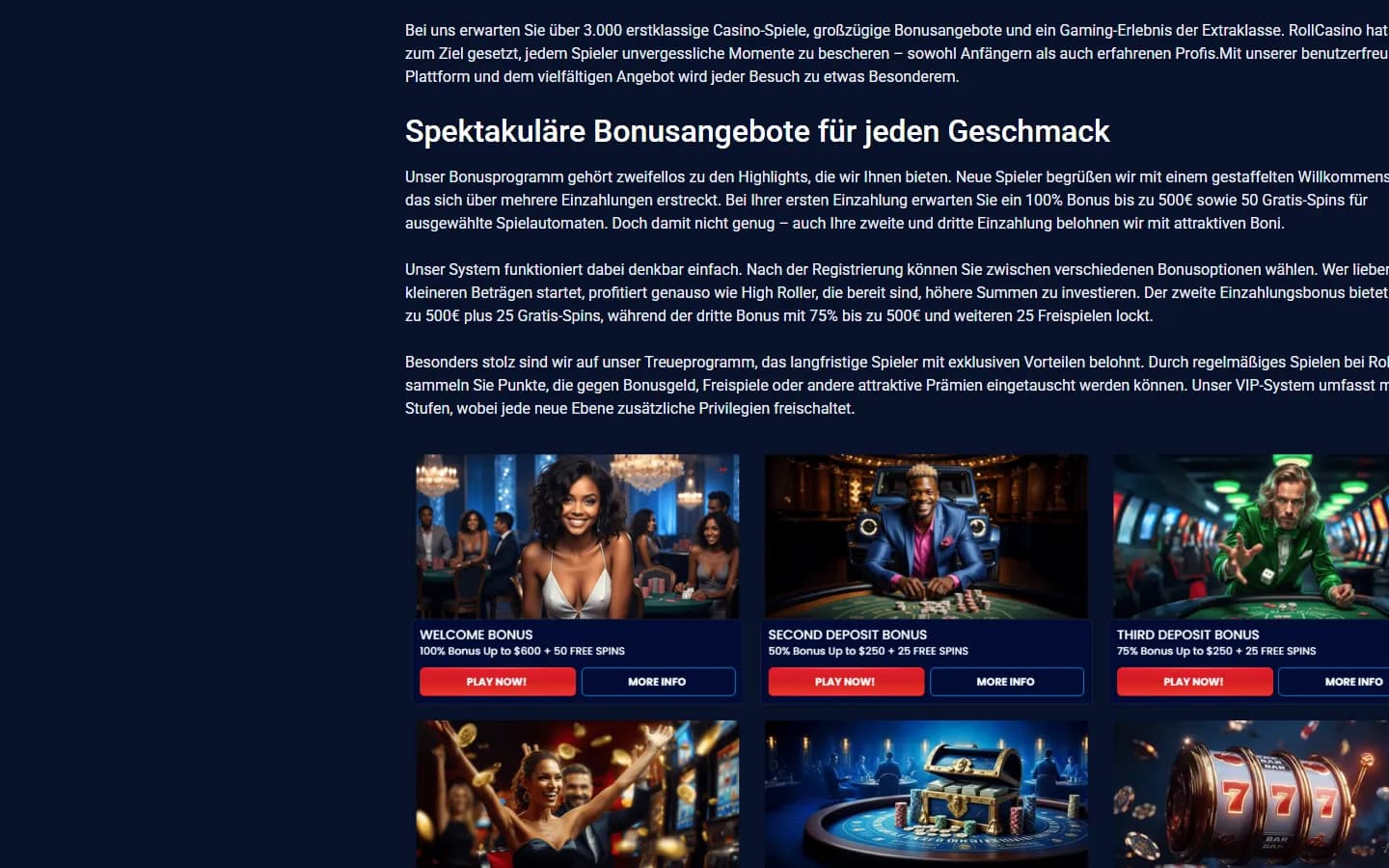 Roll Casino Abschnitt mit Einzahlungsboni und Bonusgrafiken