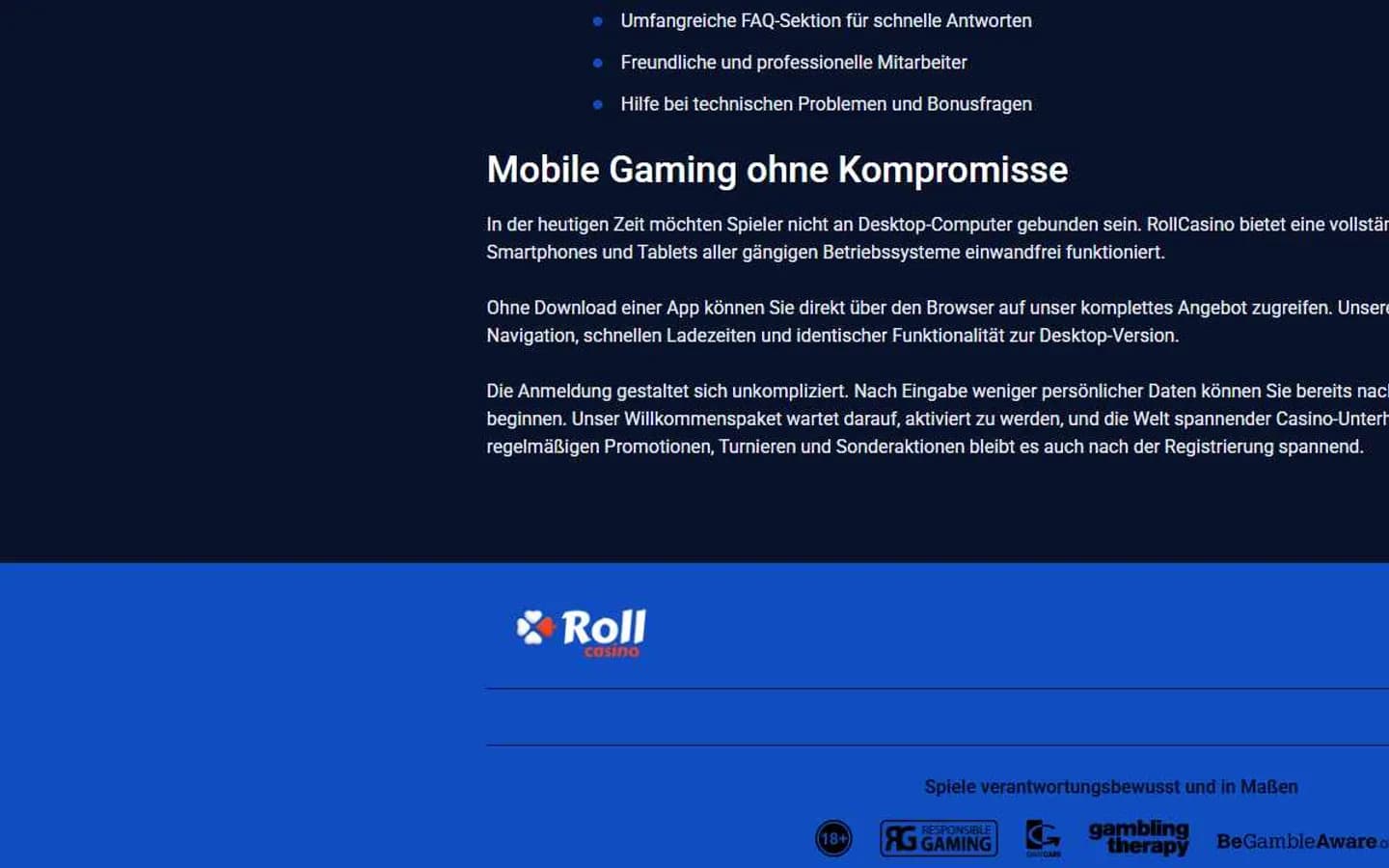 Roll Casino Abschnitt zur mobilen Browsernutzung