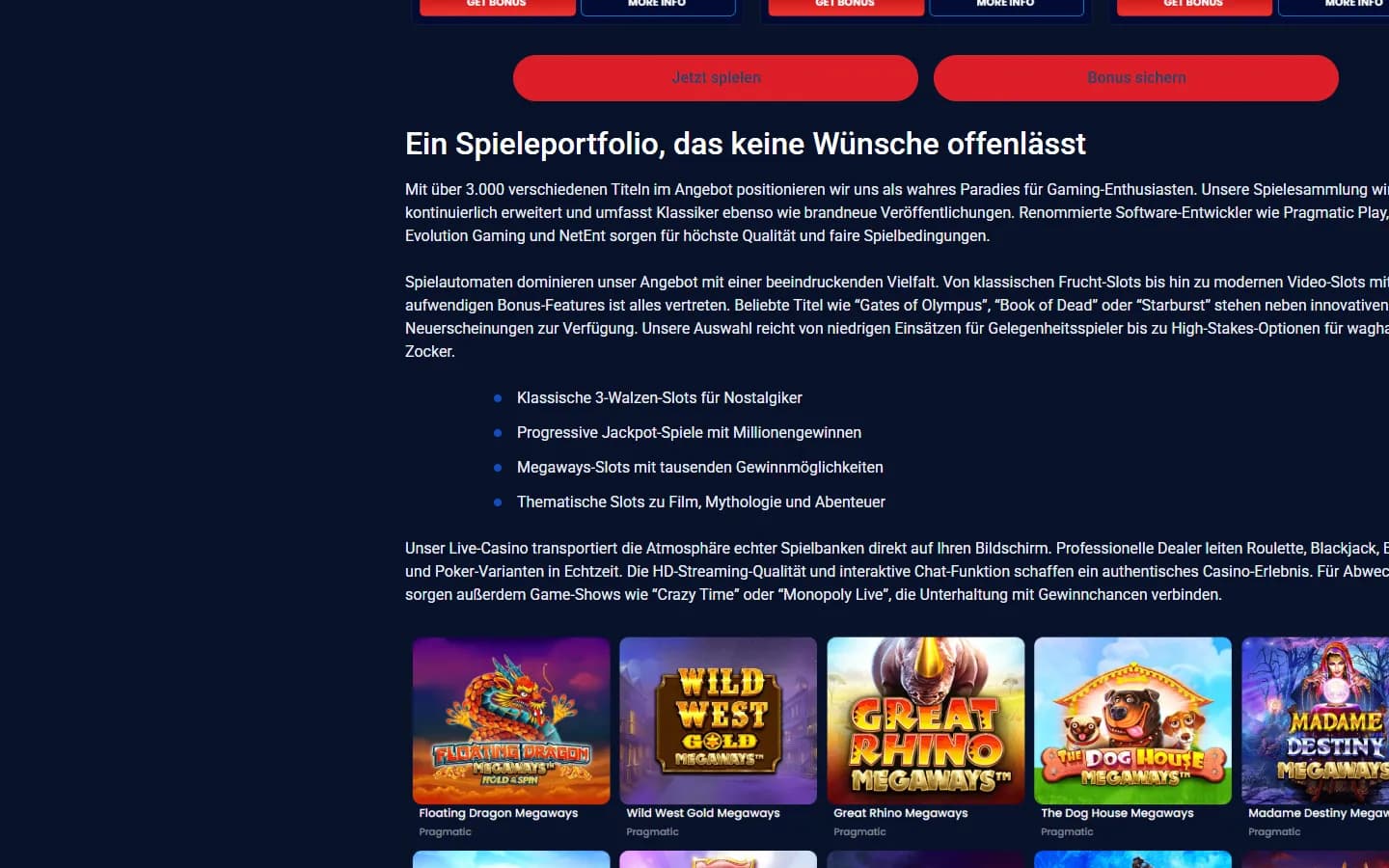 Roll Casino Spieleabschnitt mit Spielarten und Slotgrafiken