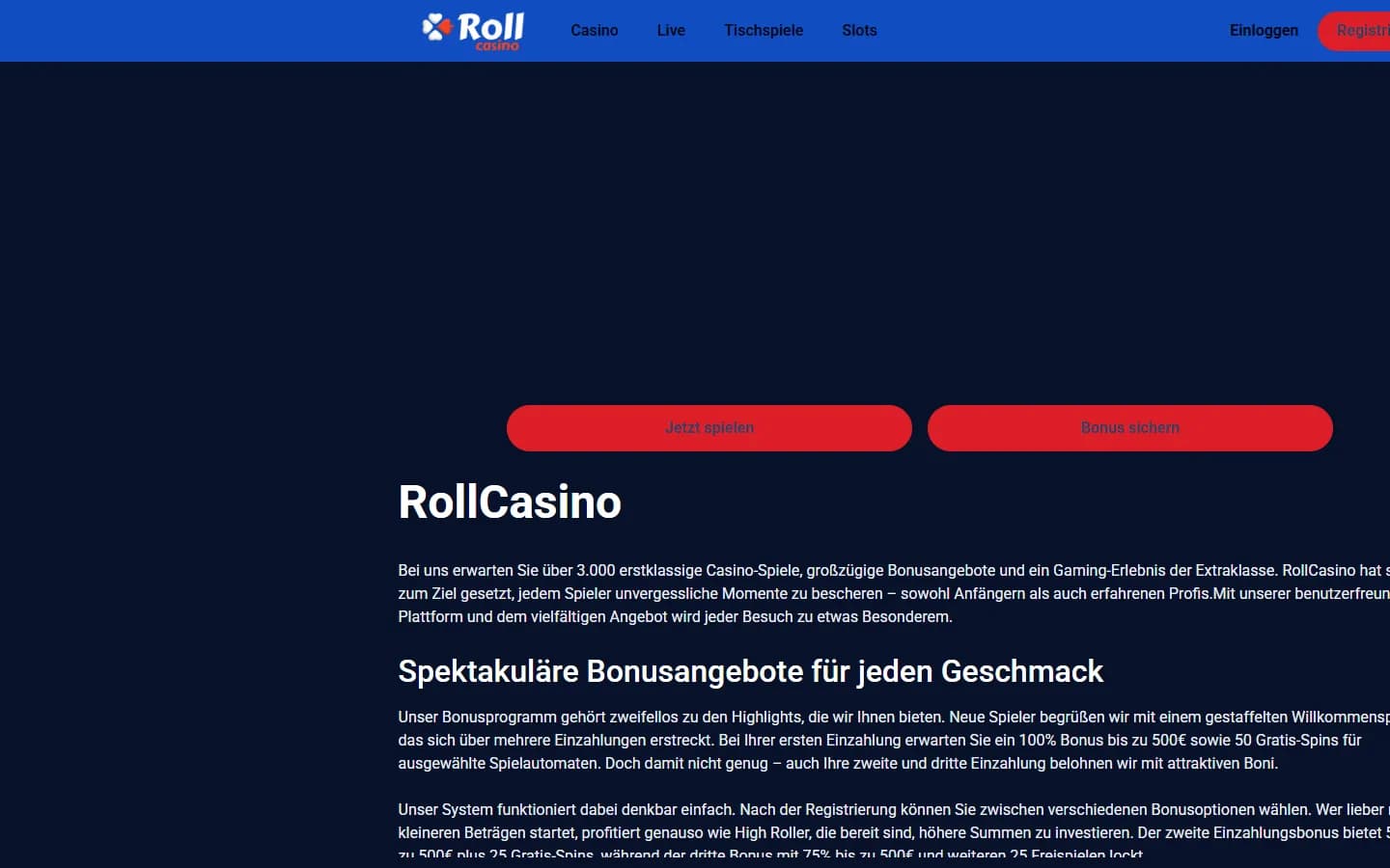 Roll Casino Startbereich mit Navigation und Markenbeschreibung