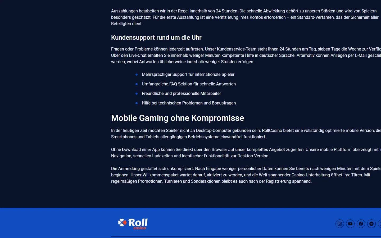 Roll Casino Supportabschnitt mit Kontakt- und Hilfeangaben