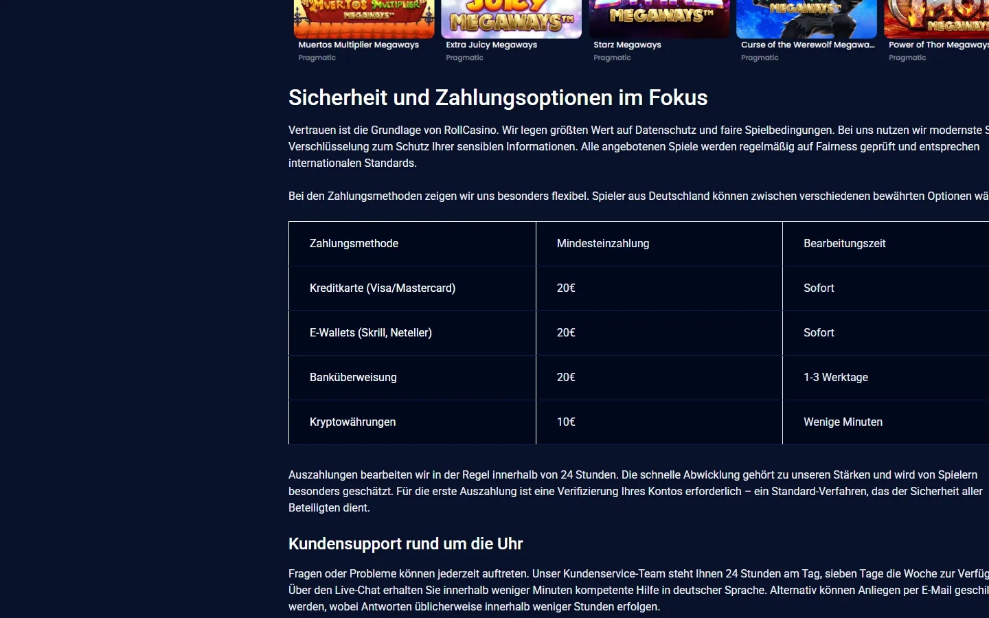 Roll Casino Zahlungsabschnitt mit Methoden, Mindestbeträgen und Bearbeitung