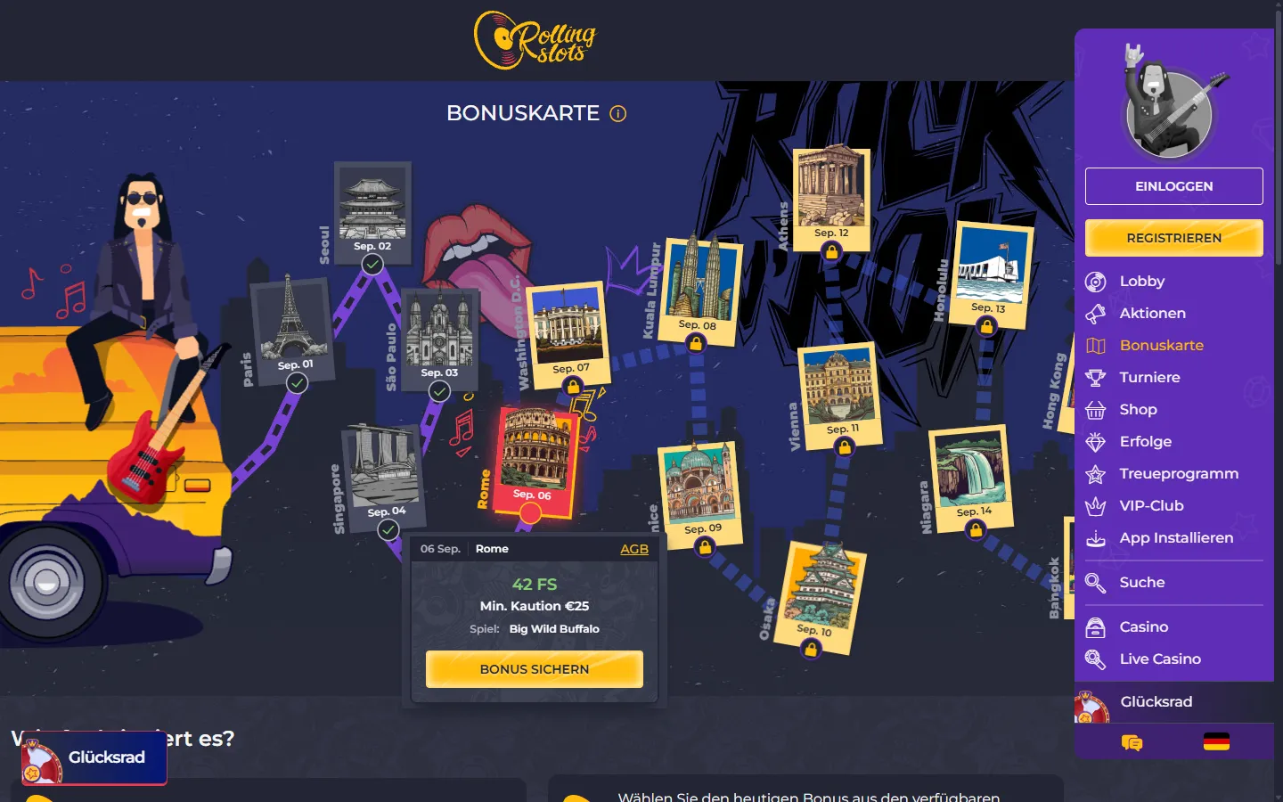 Rolling Slots Bonuskarte mit täglichen Freispielen und Einzahlungsvorgabe
