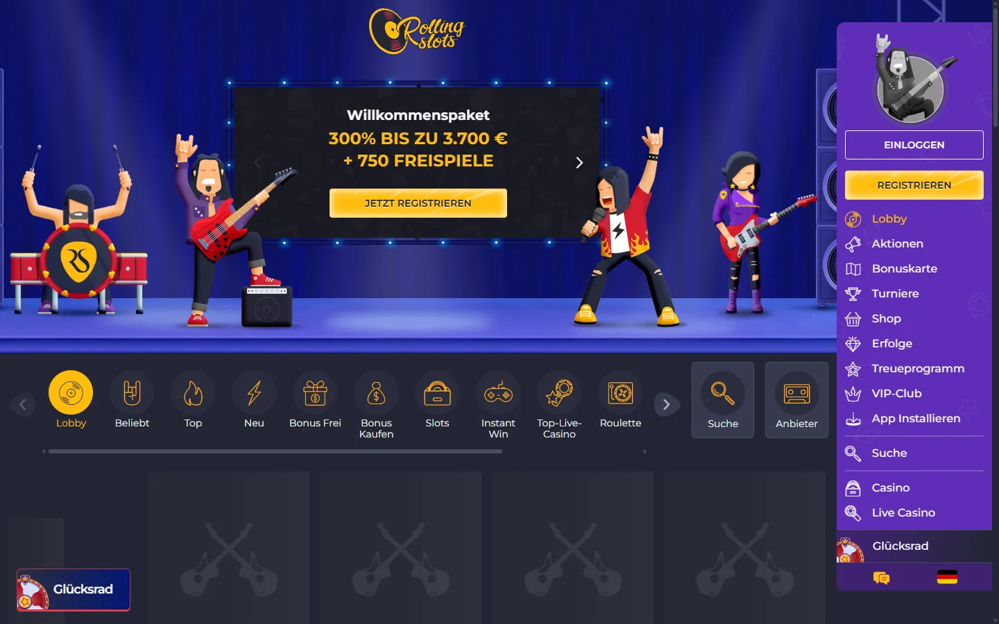 Rolling Slots Startseite mit Willkommenspaket und Rock-Bühne