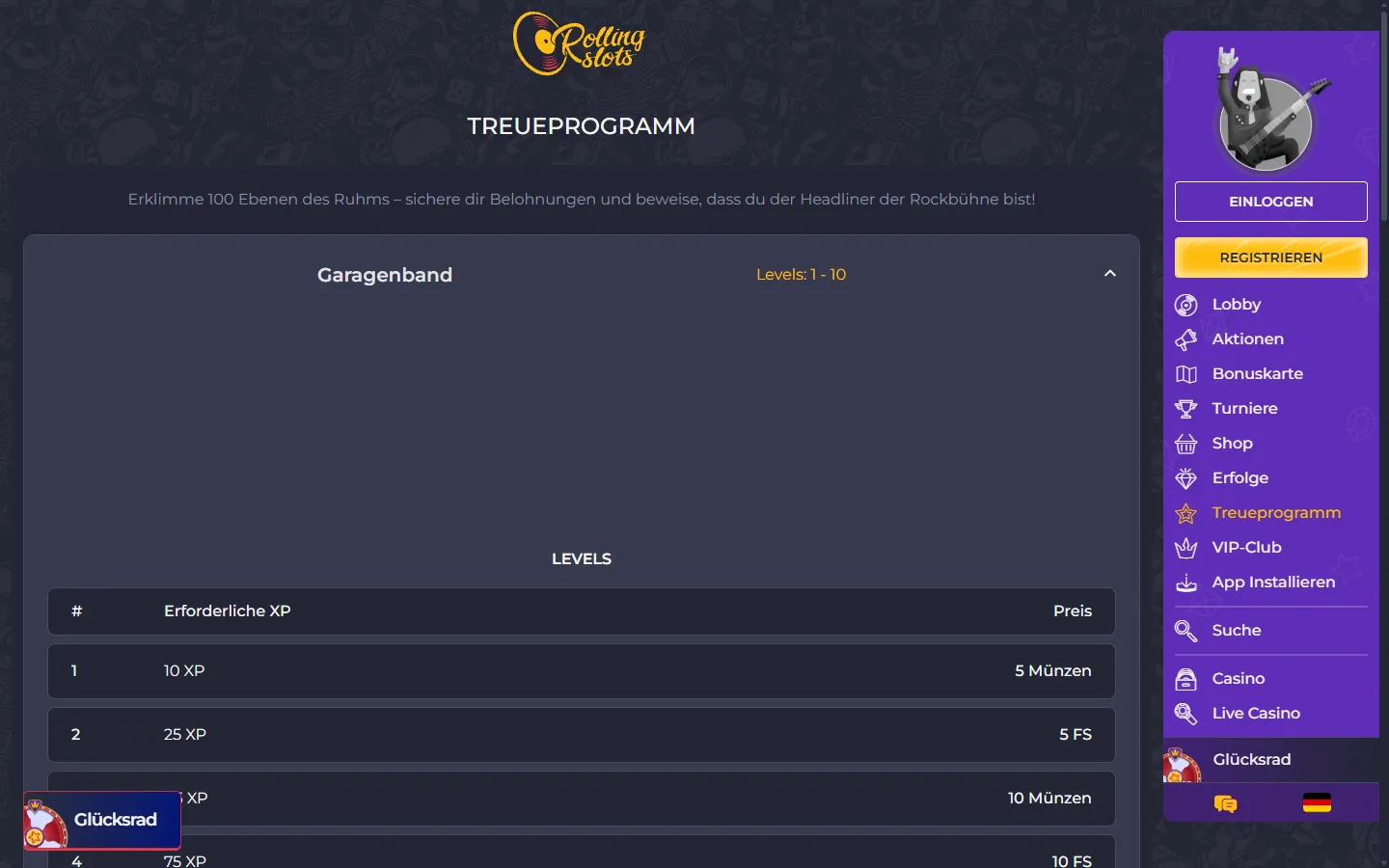 Rolling Slots Treueprogramm mit 100 Stufen und XP-Belohnungen
