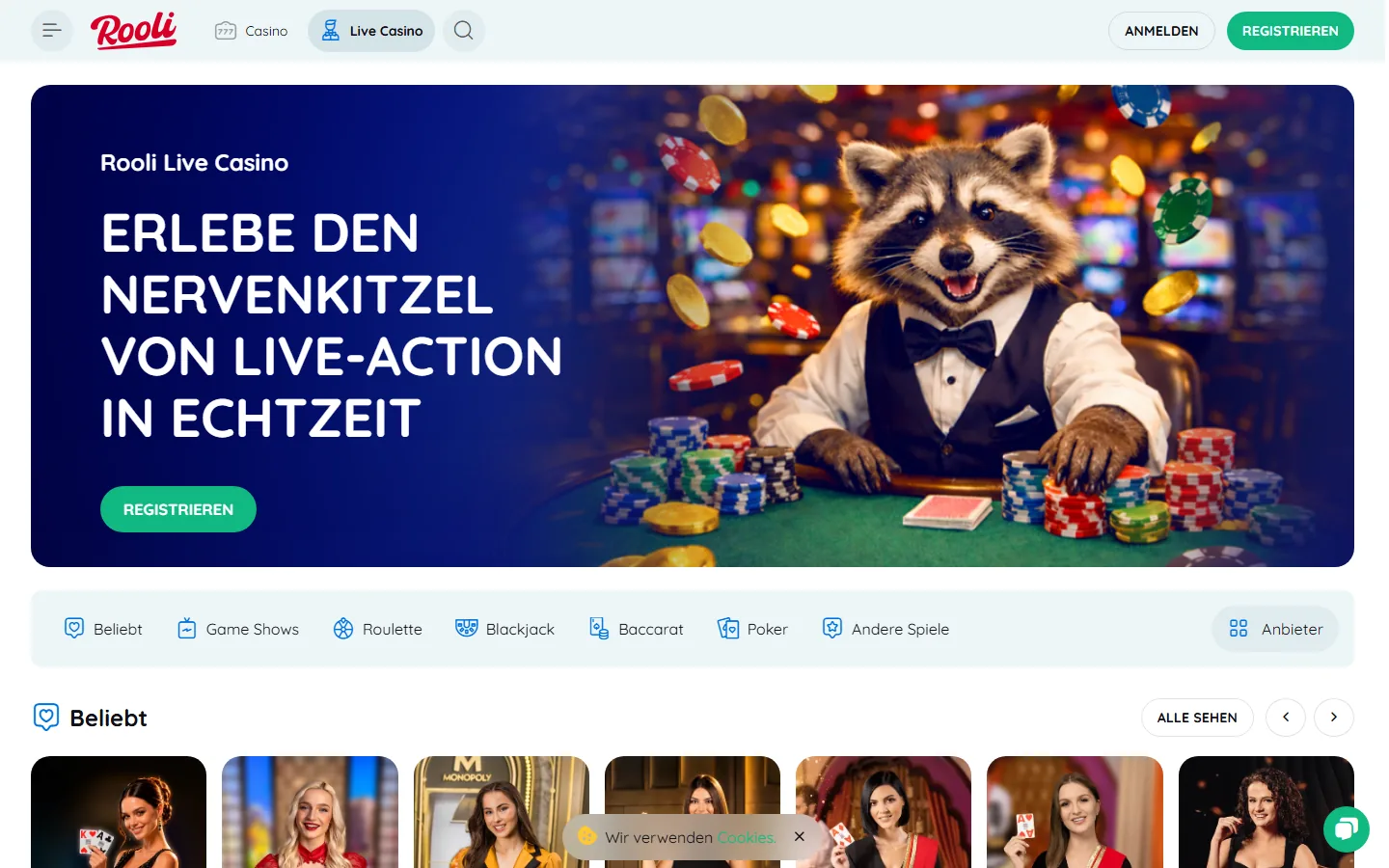 Rooli Live-Casino mit Kategorien für Roulette, Blackjack, Baccarat und Poker