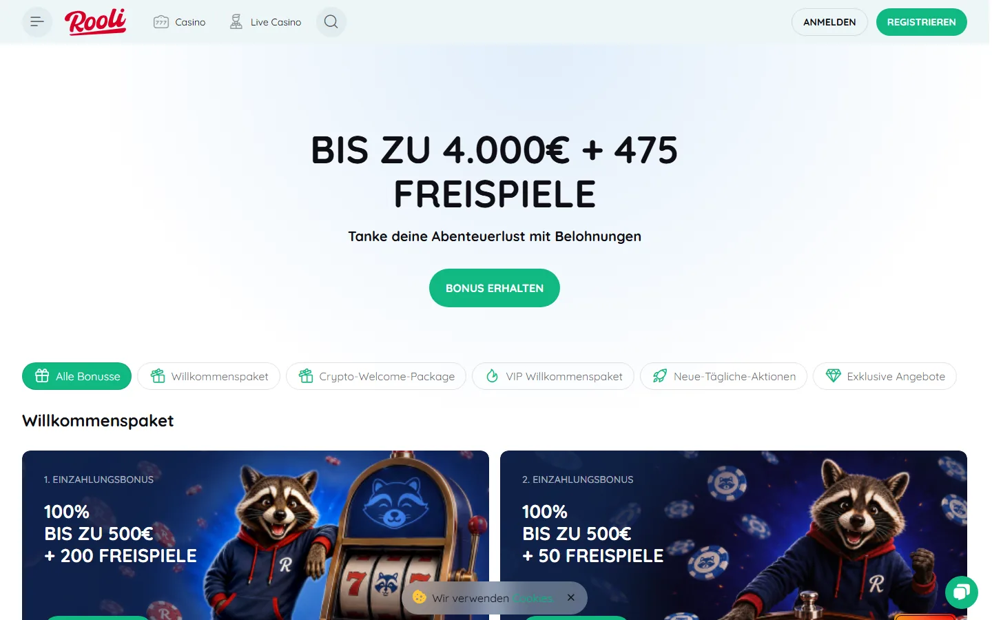 Rooli Promotionen mit getrennten Willkommens- und Krypto-Paketen