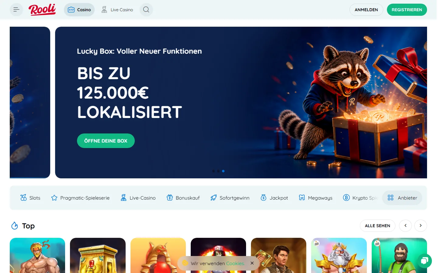 Rooli Casino Startseite mit Navigation und Bonusbereich