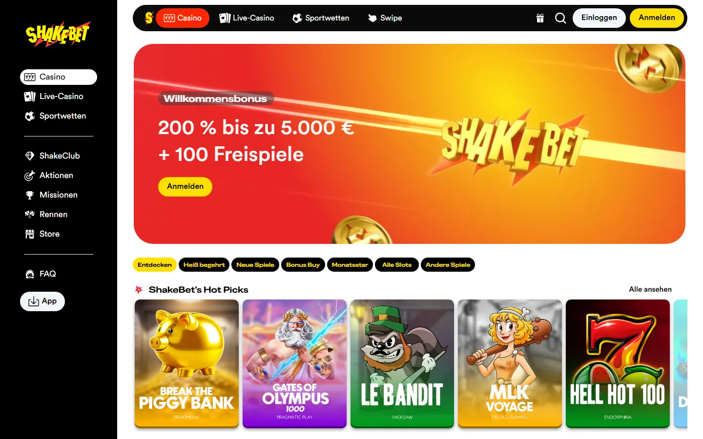 ShakeBet Casino-Lobby mit geladenen Slots und Spielkategorien