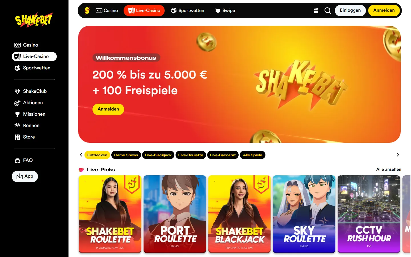 ShakeBet Live-Casino mit Roulette, Blackjack und Baccarat