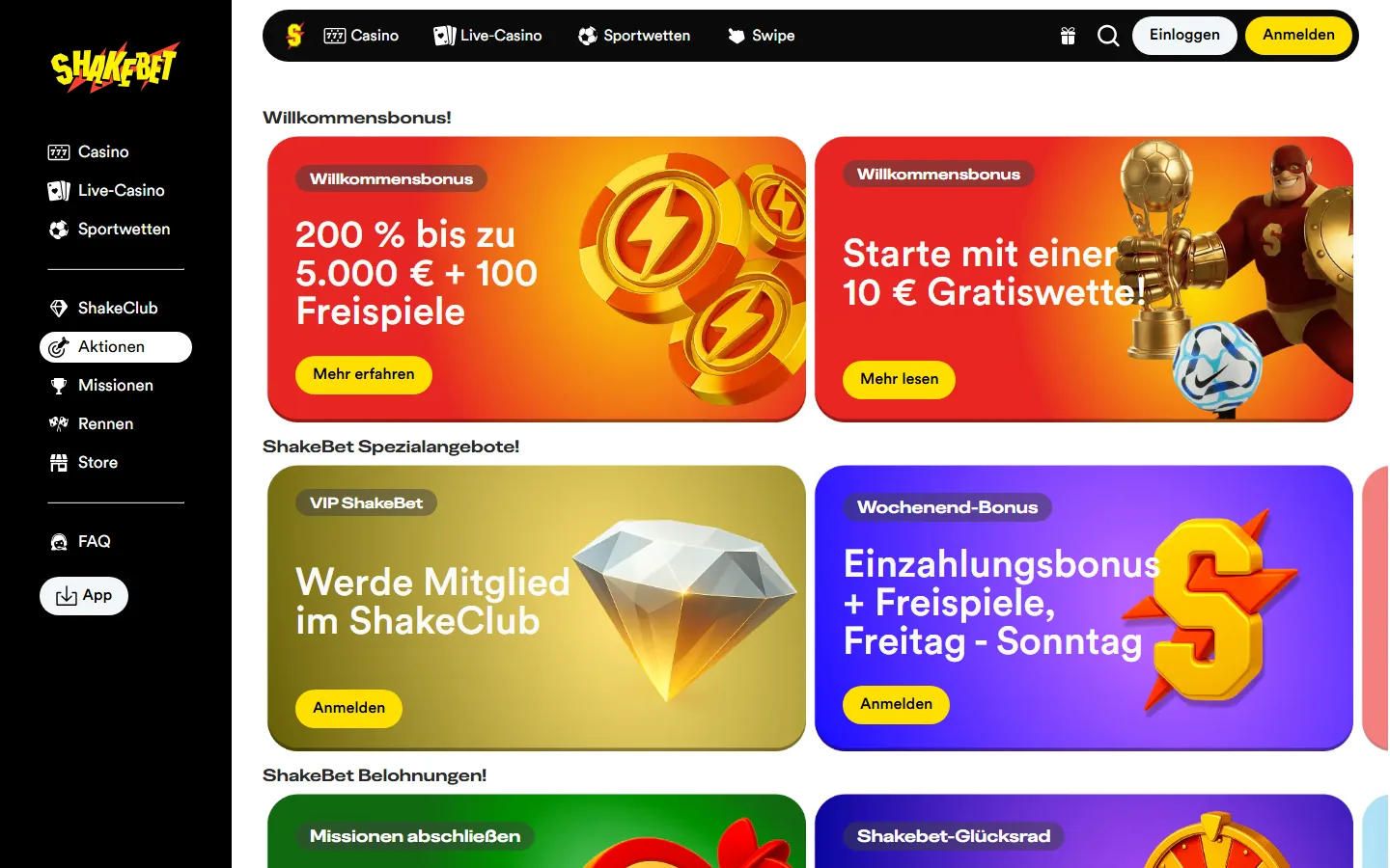 ShakeBet Aktionsseite mit Willkommensbonus, Cashback, VIP-Club und weiteren Aktionen