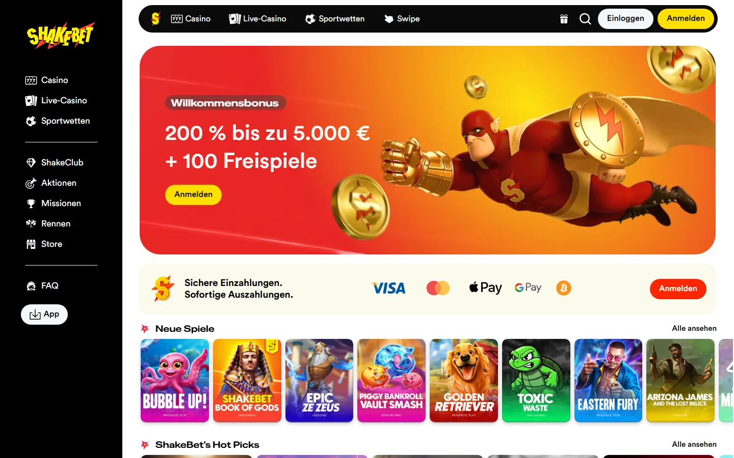 ShakeBet Startseite mit Casino-, Live-Casino- und Sportwetten-Navigation