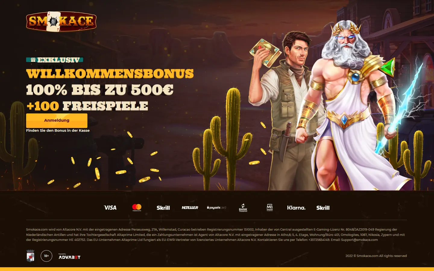 SmokAce Landingpage mit 100 Prozent bis 500 Euro, 100 Freispielen und Zahlungslogos