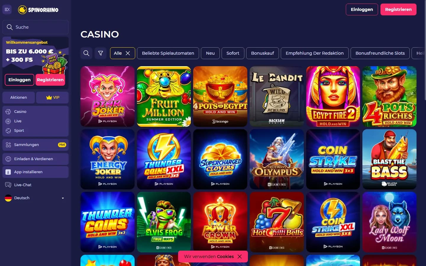 Spinorhino Casino-Lobby mit Spielautomaten und Kategorien