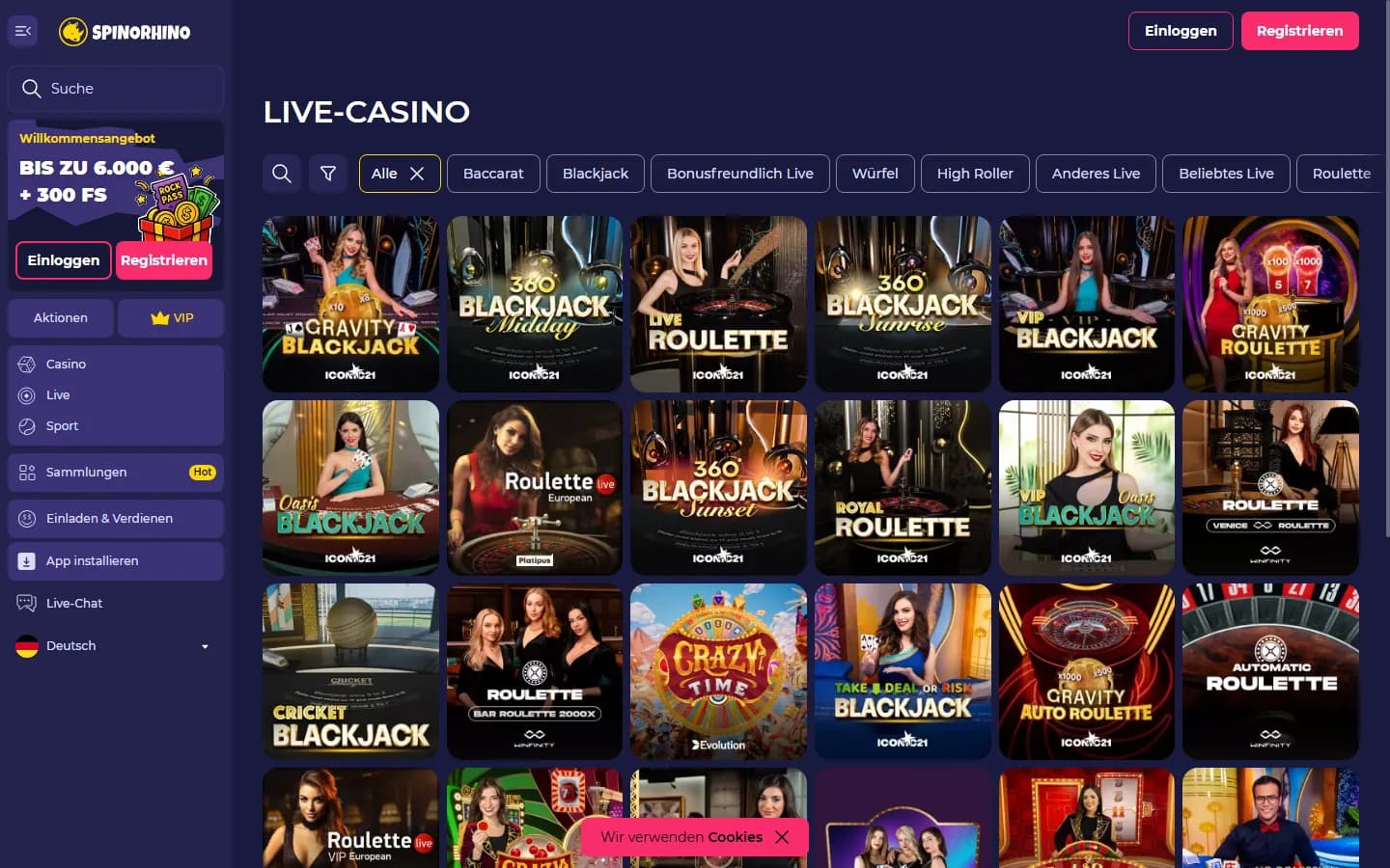 Spinorhino Live-Casino mit Blackjack- und Roulette-Spielen