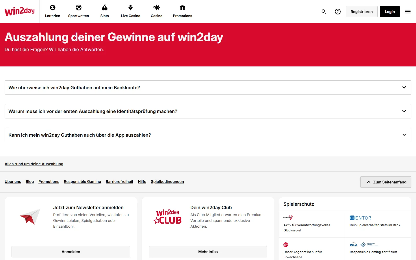 win2day FAQ-Seite zu Auszahlung, Dauer und Identitätsprüfung