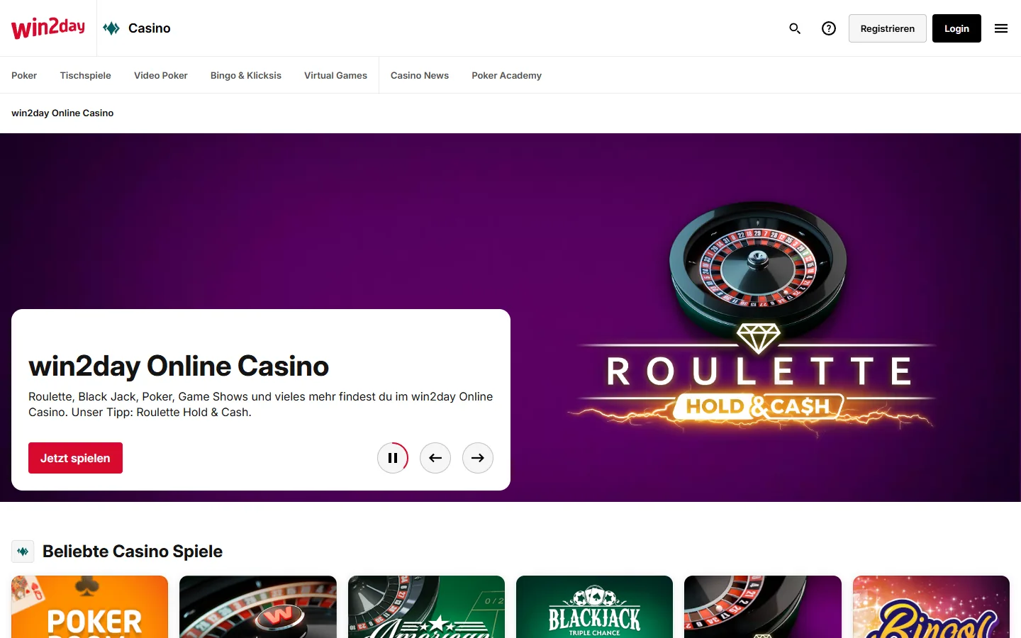 win2day Online-Casino mit Roulette Hold and Cash und geladenen Spielkarten