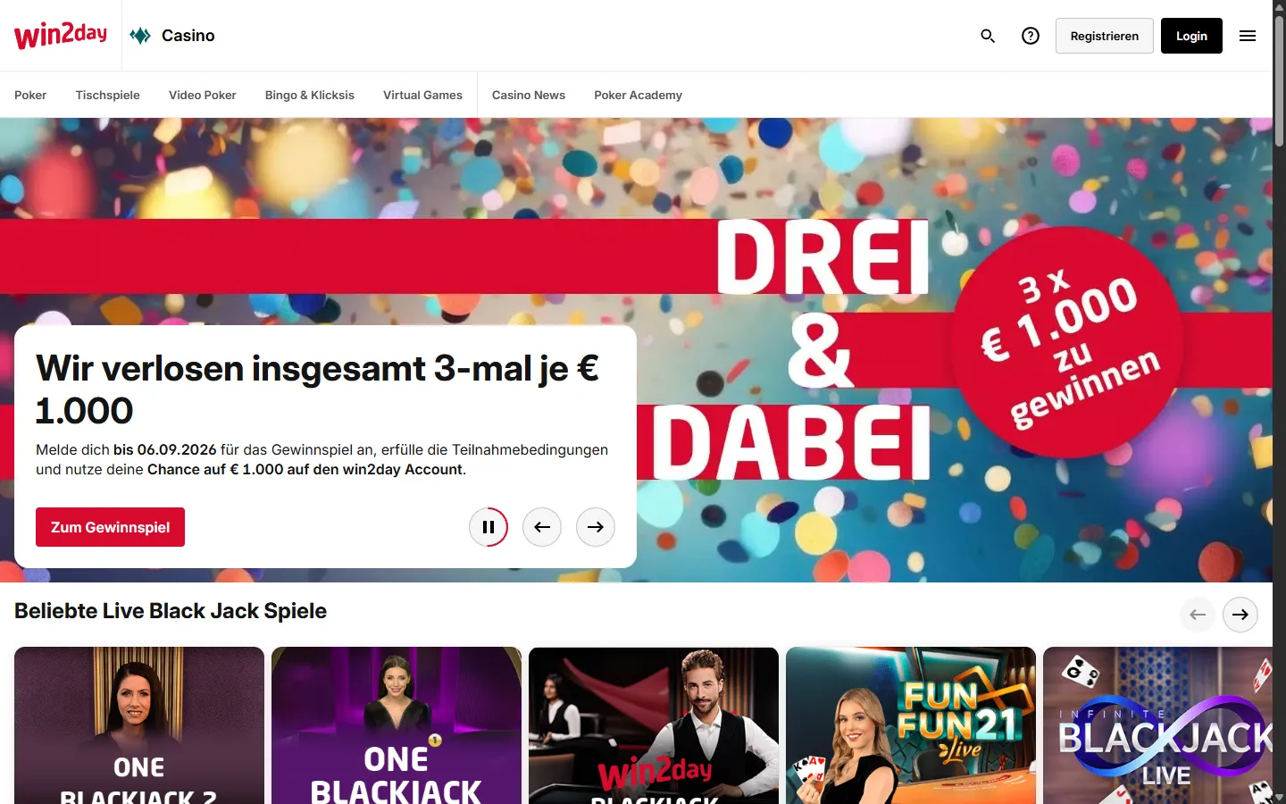 win2day Live-Blackjack-Seite mit Presenterinnen und beliebten Spielen