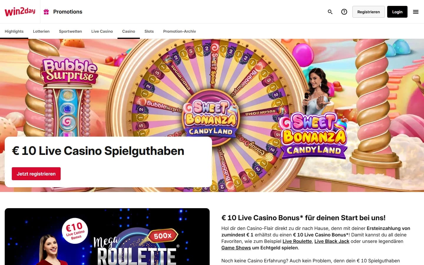 win2day Bonusseite mit 10 Euro Live-Casino-Spielguthaben