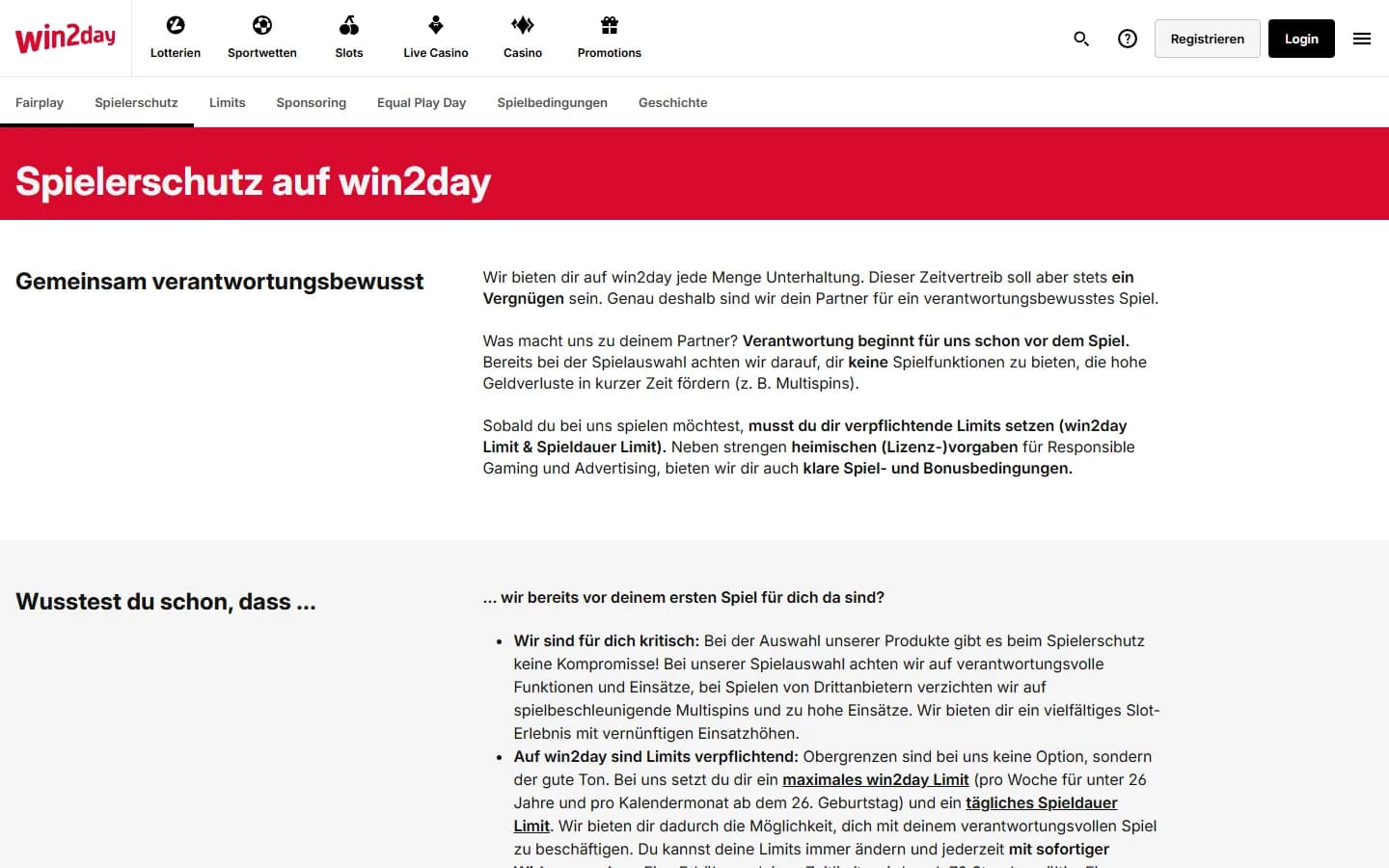 win2day Spielerschutzseite mit verpflichtenden Limits und verantwortungsvollem Spiel