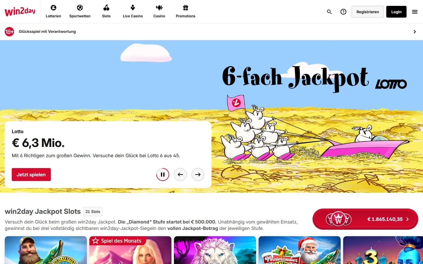 win2day Startseite mit Lotto-Jackpot, Casino-, Sport- und Poker-Navigation